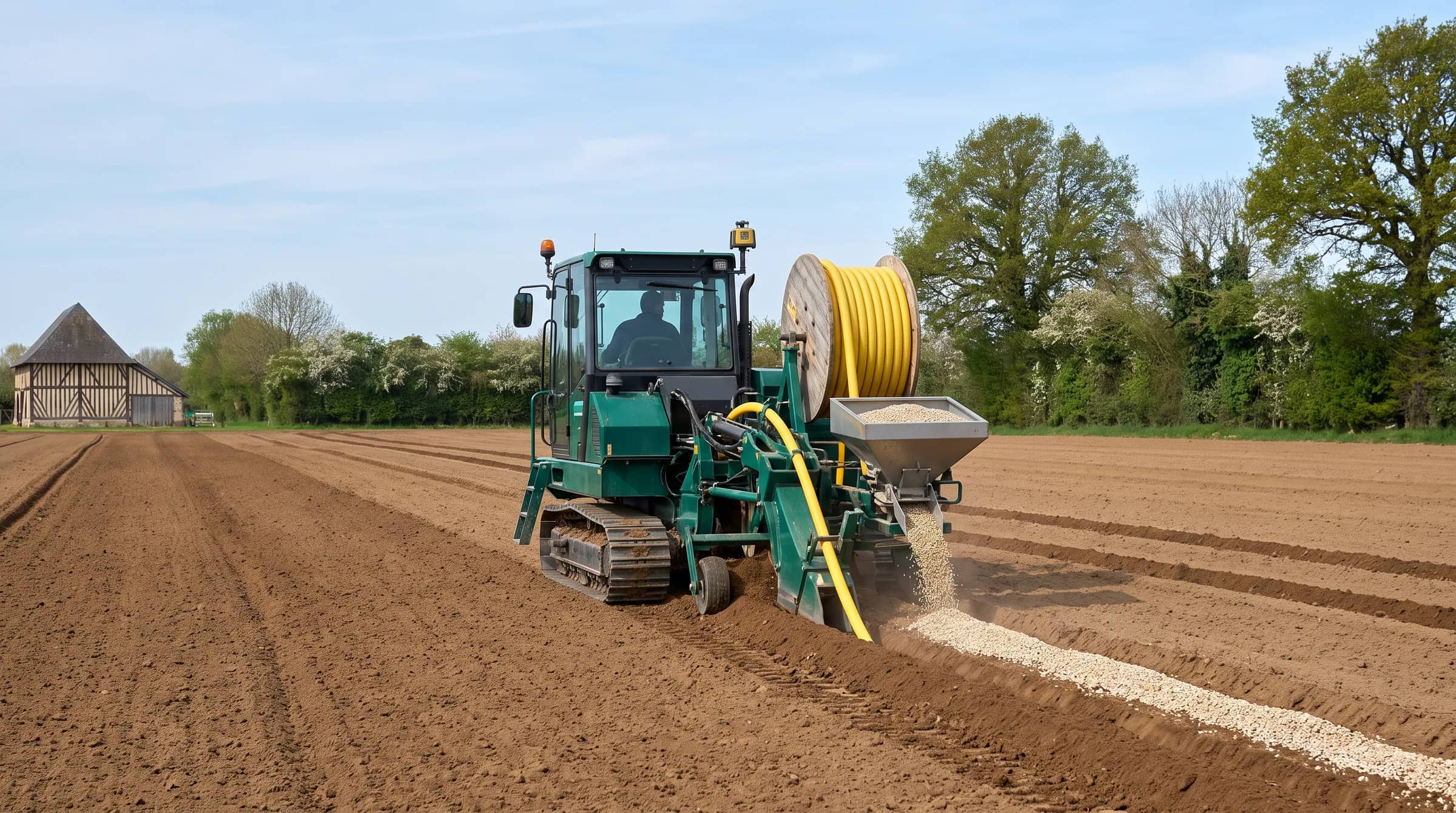 Trancheuse à chenilles qui pose un drain annelé jaune dans un champ labouré, longère normande à colombages au fond