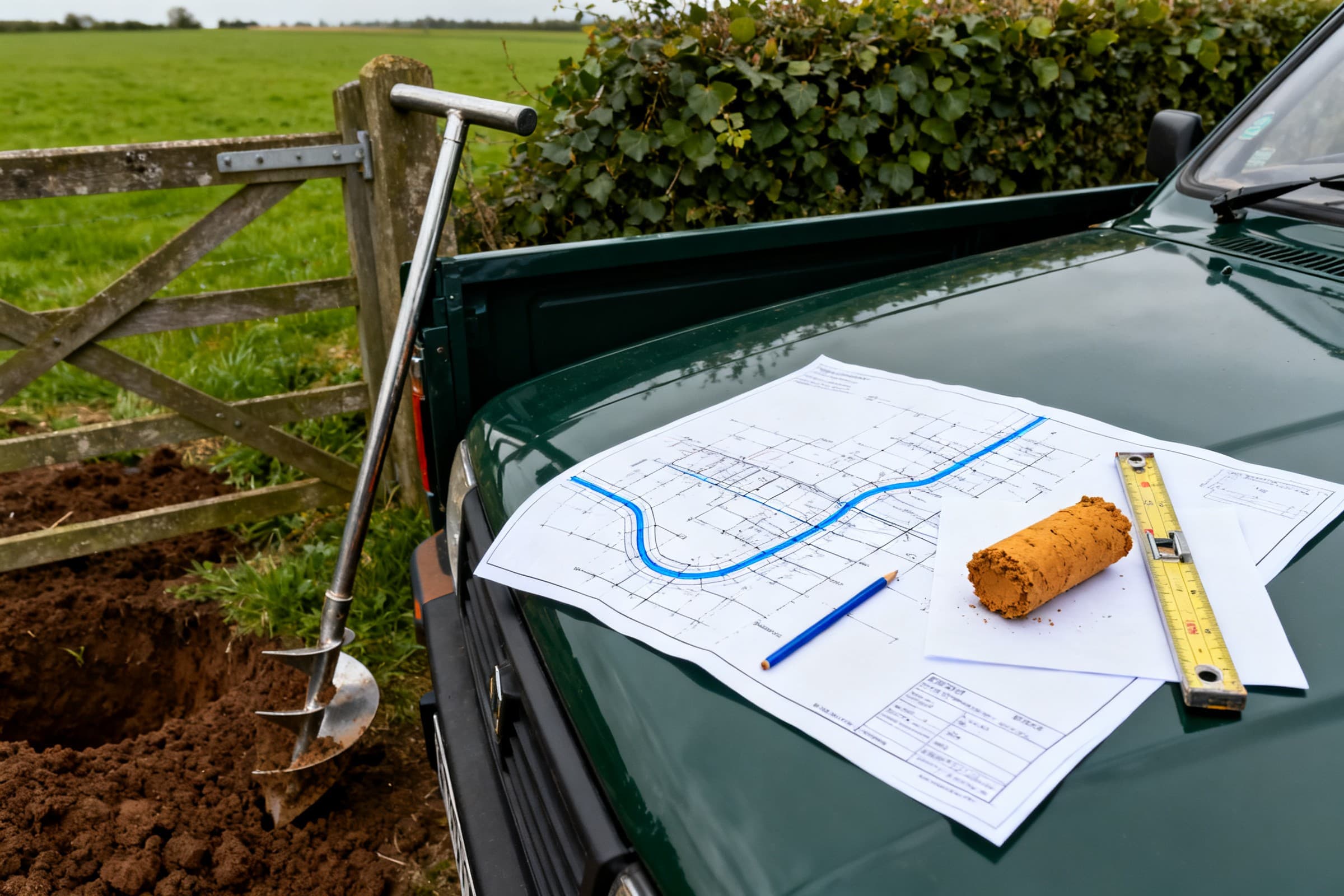 Plan de parcelle et tarière à main posés sur le capot d'un pick-up, lignes de drains tracées au crayon