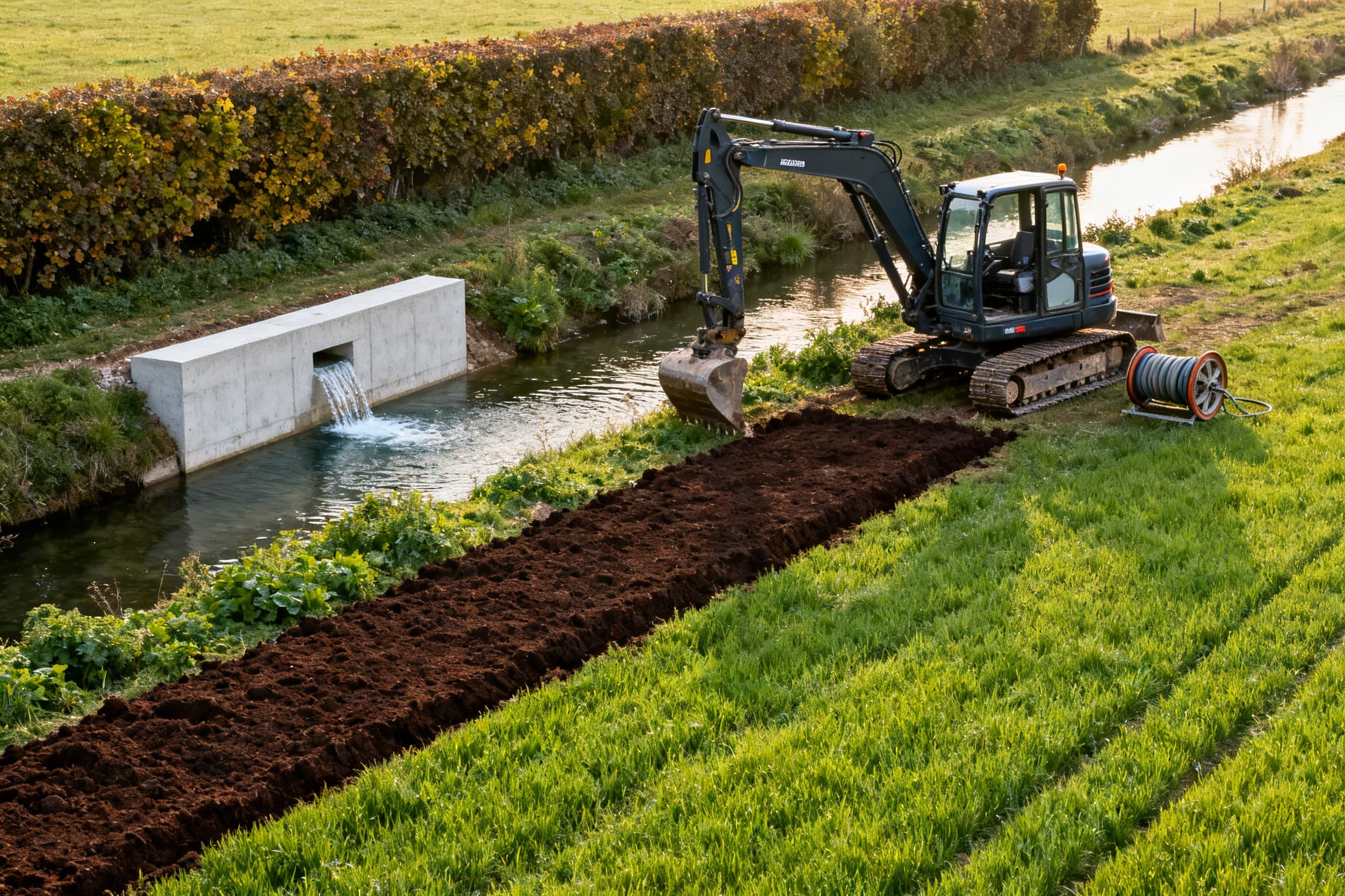 Ligne de drain fraîchement remblayée traversant une prairie jusqu'à un nouvel exutoire en béton