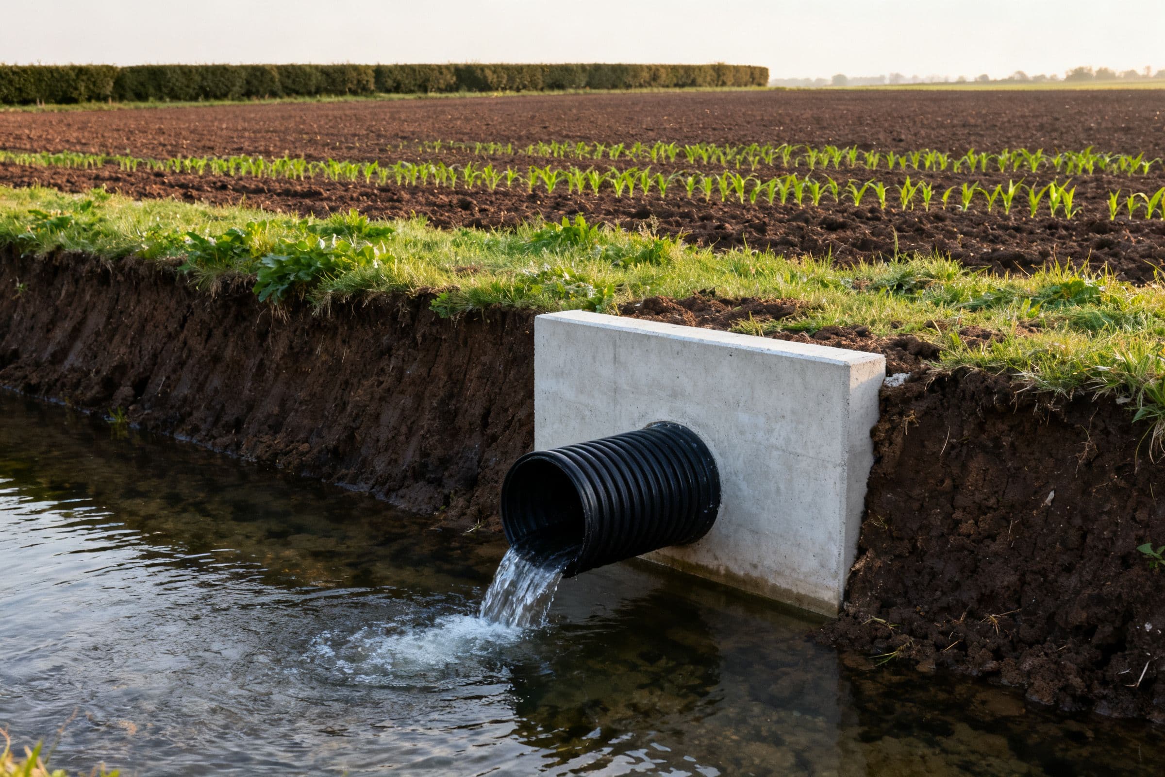 Collecteur de drainage agricole débouchant dans un fossé fraîchement reprofilé au bord d'une grande parcelle normande, tête de sortie en béton