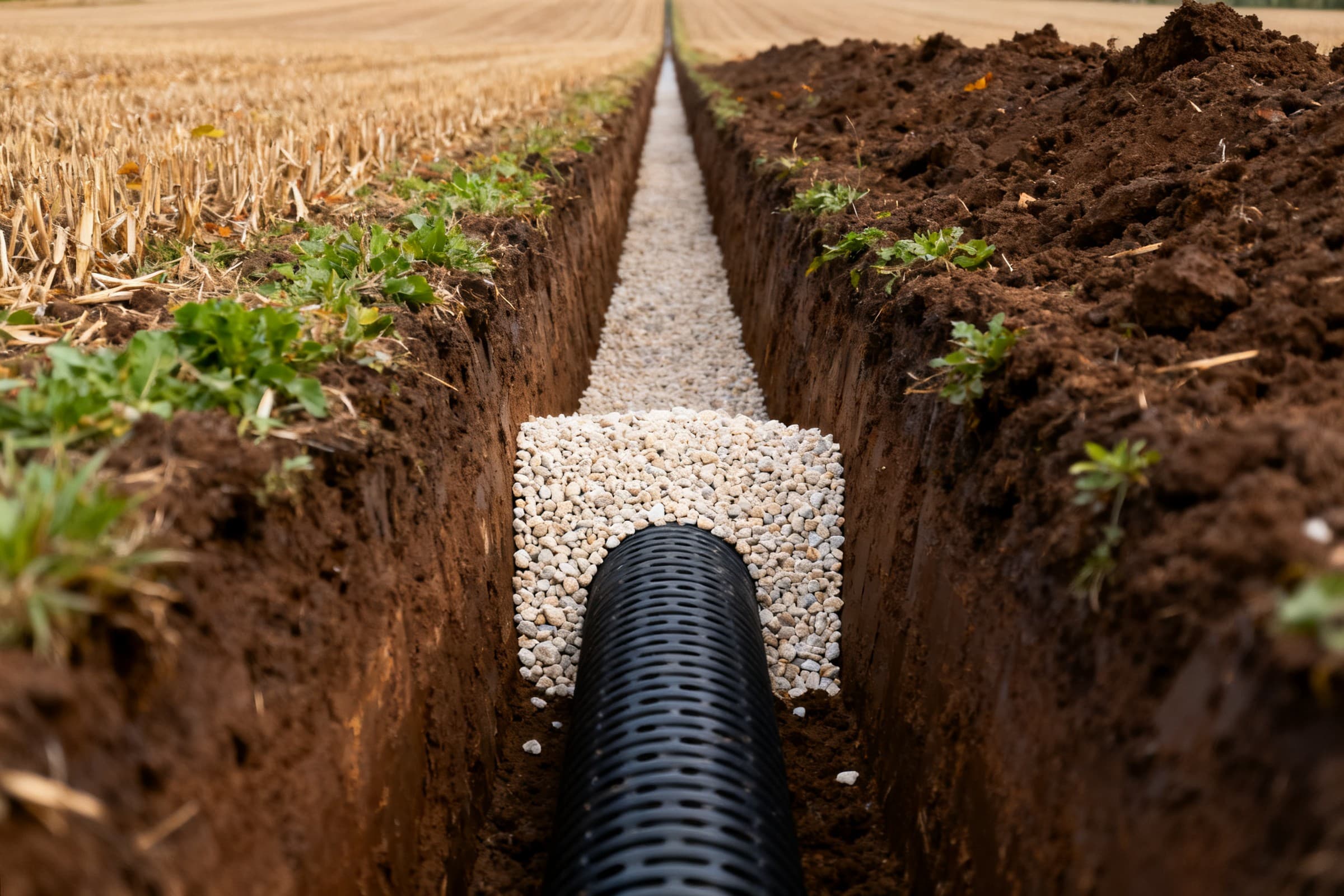 Drain annelé noir couché au fond d'une saignée étroite, entouré d'un matériau granulaire clair, avant que la tranchée soit remblayée
