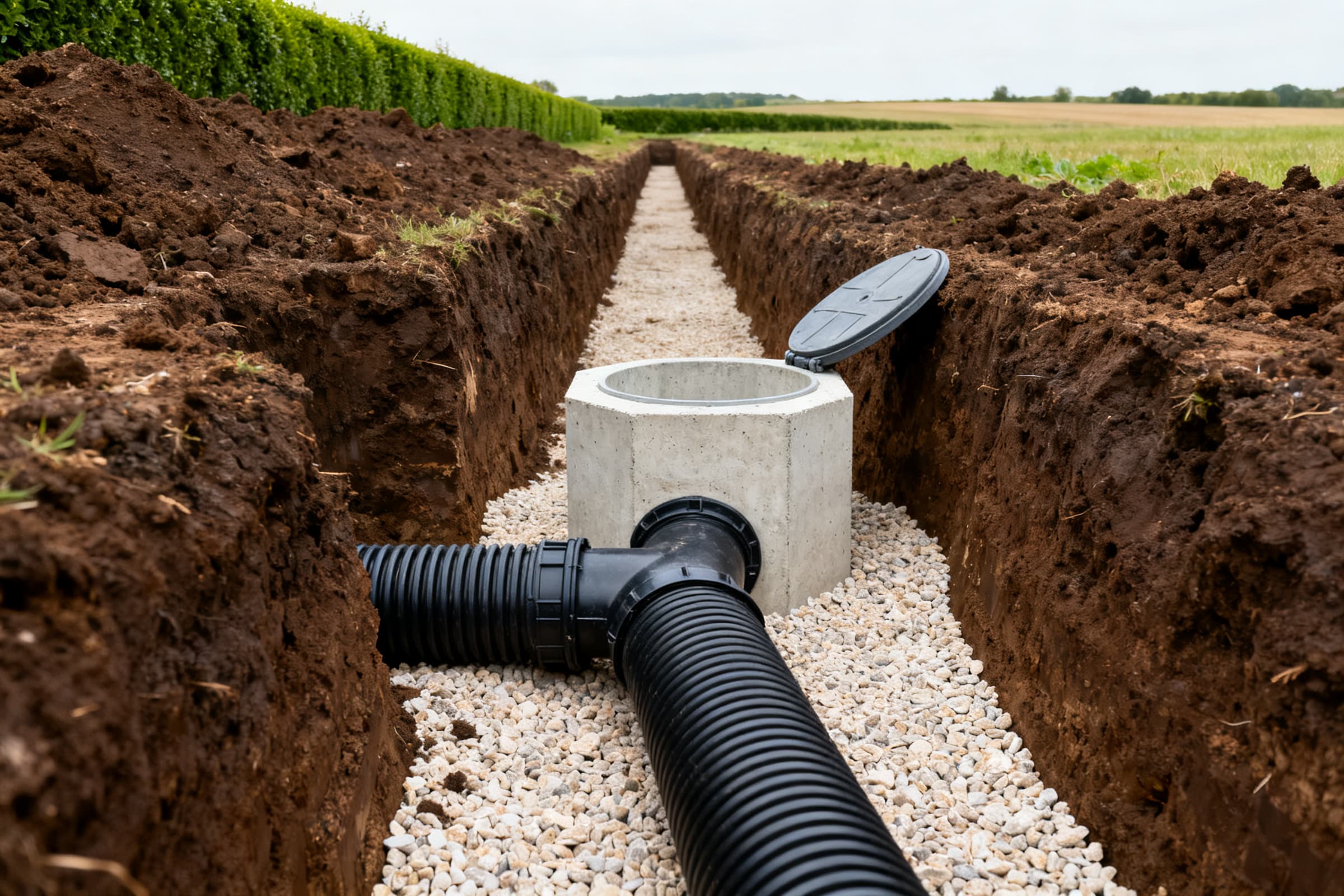 Drain annelé raccordé à un collecteur et à un regard en béton, au fond d'une tranchée ouverte garnie d'un matériau granulaire clair
