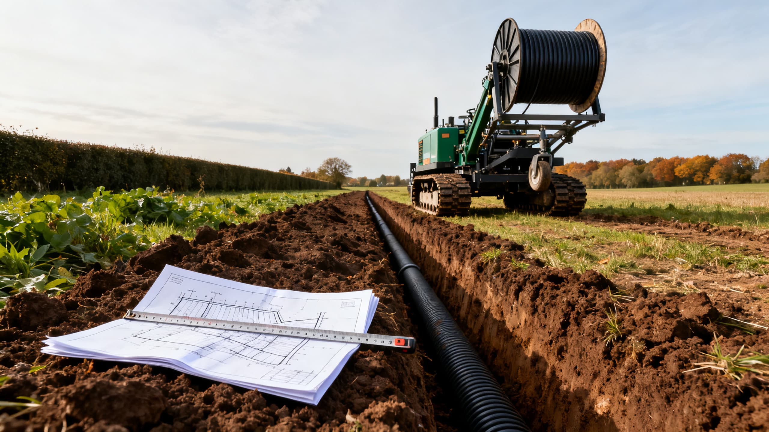 Trancheuse à chenilles posant un drain agricole dans une parcelle normande, plan de réseau et mètre ruban posés au bord de la tranchée