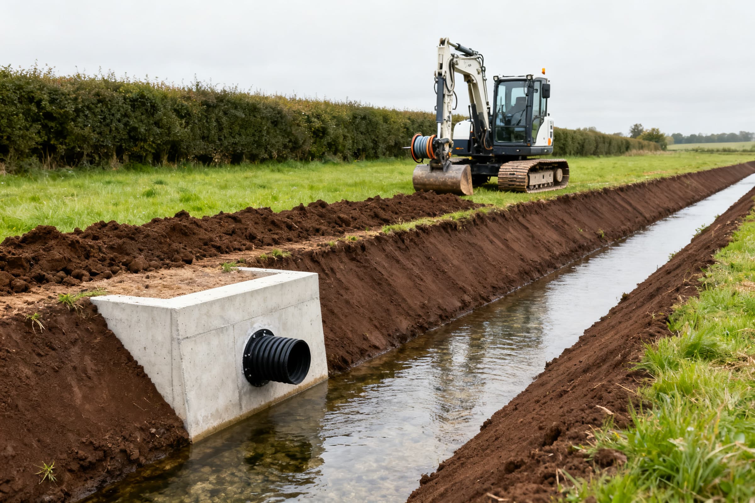 Fossé collecteur fraîchement curé avec une tête d'ouvrage en béton et une pelle à chenilles au repos