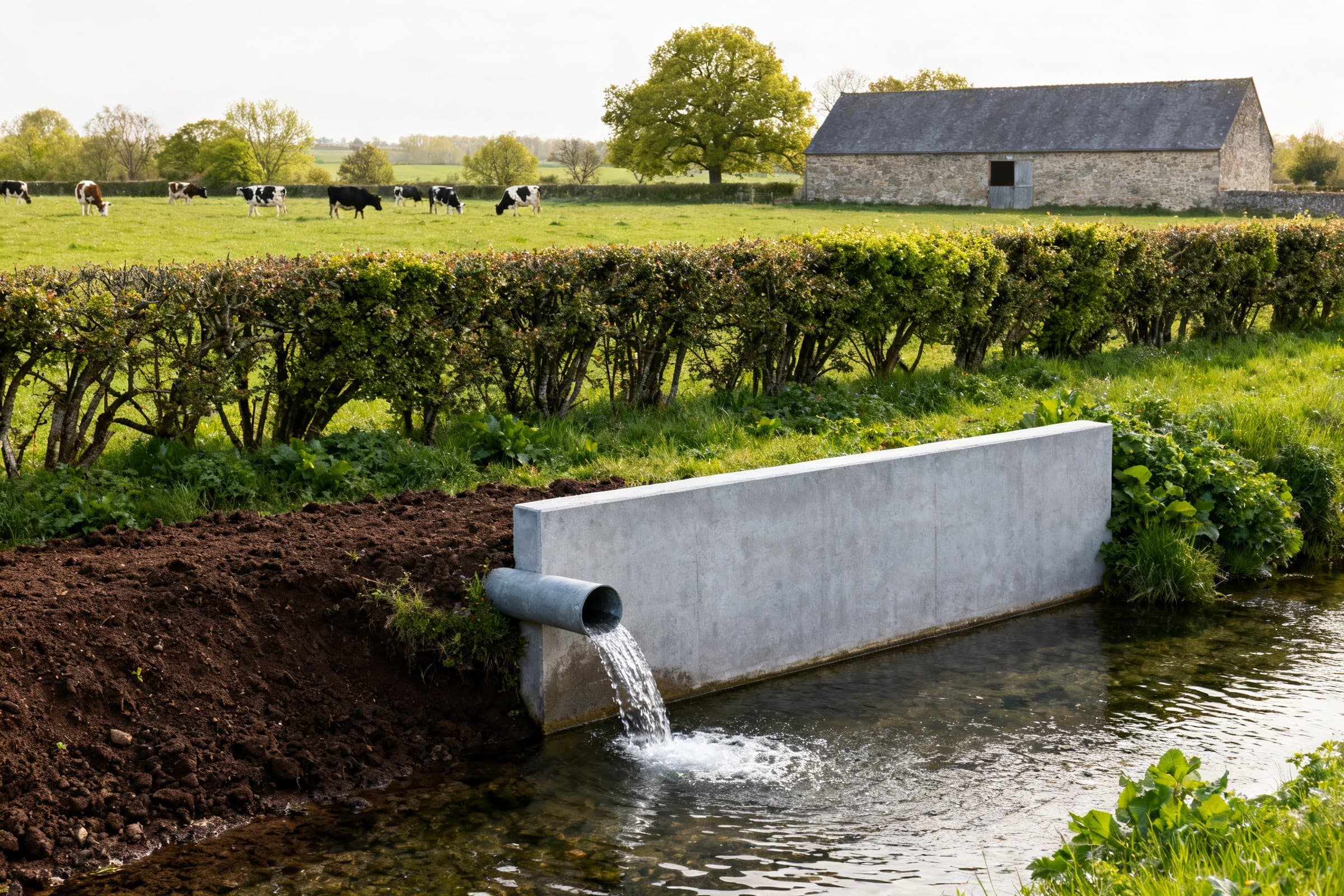 Tête d'exutoire en béton neuve dans une prairie du Bessin, eau claire au fossé