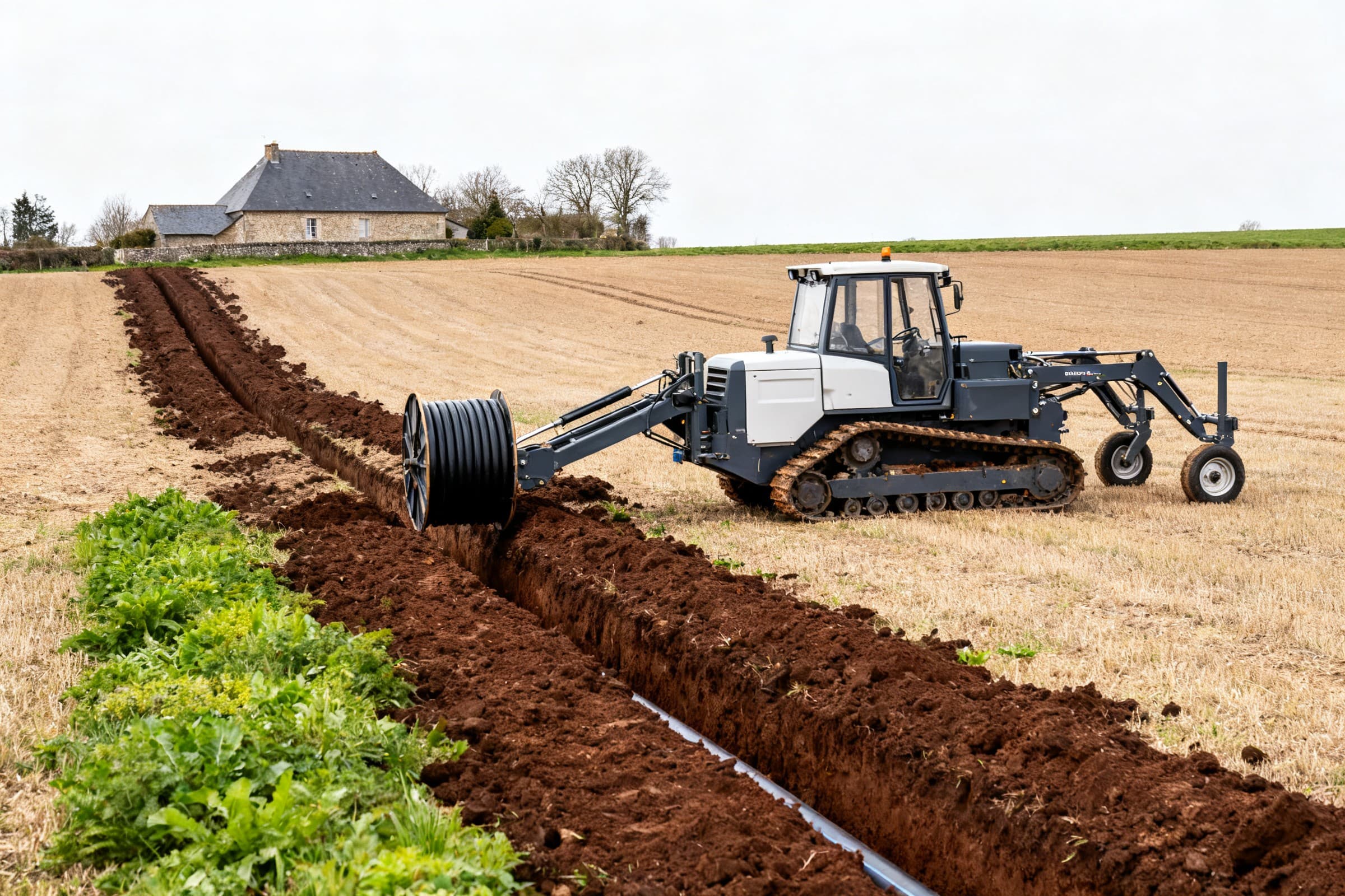 Trancheuse de drainage au travail sur une parcelle de limon du plateau du Roumois