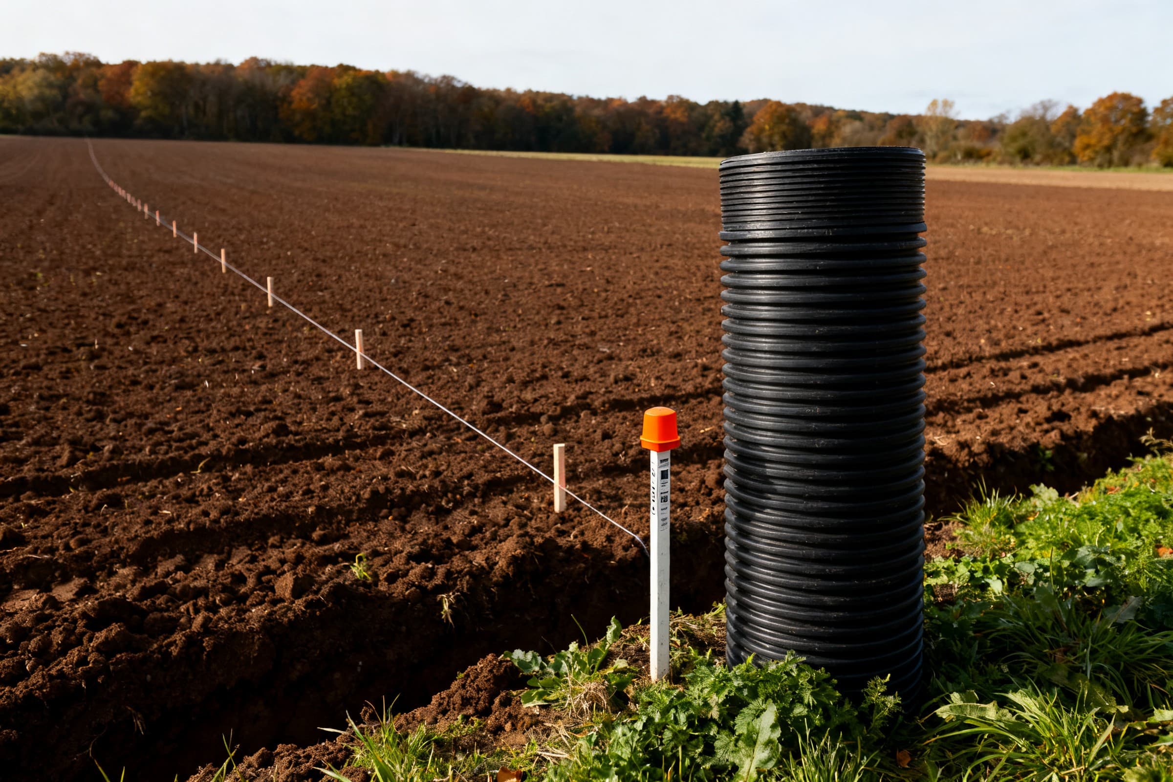Rouleau de drain annelé et jalons de piquetage en bordure d'une parcelle labourée près de Buchy