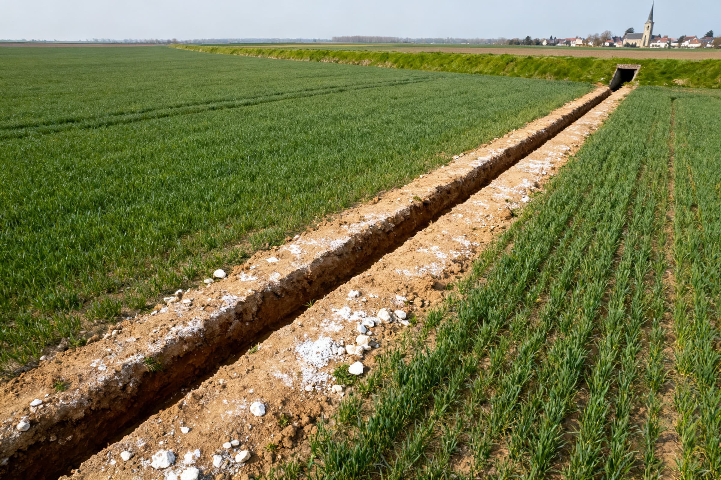 Tranchée de drainage dans une terre mince sur calcaire de la plaine de Caen