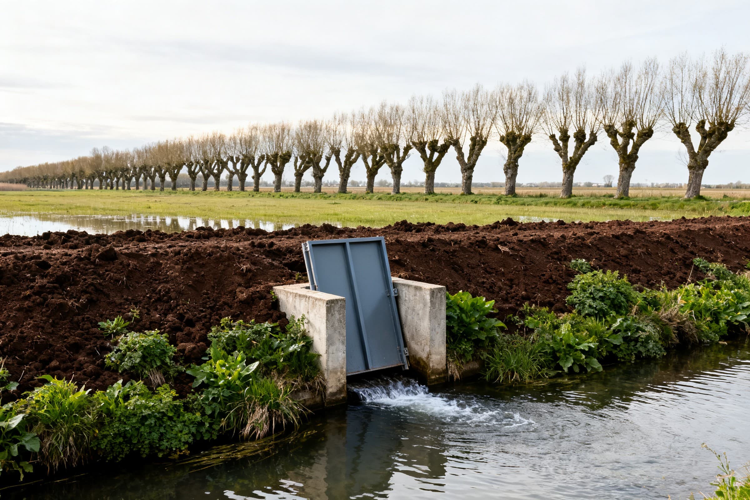 Exutoire à clapet dans la berge d'un large fossé des marais de Carentan