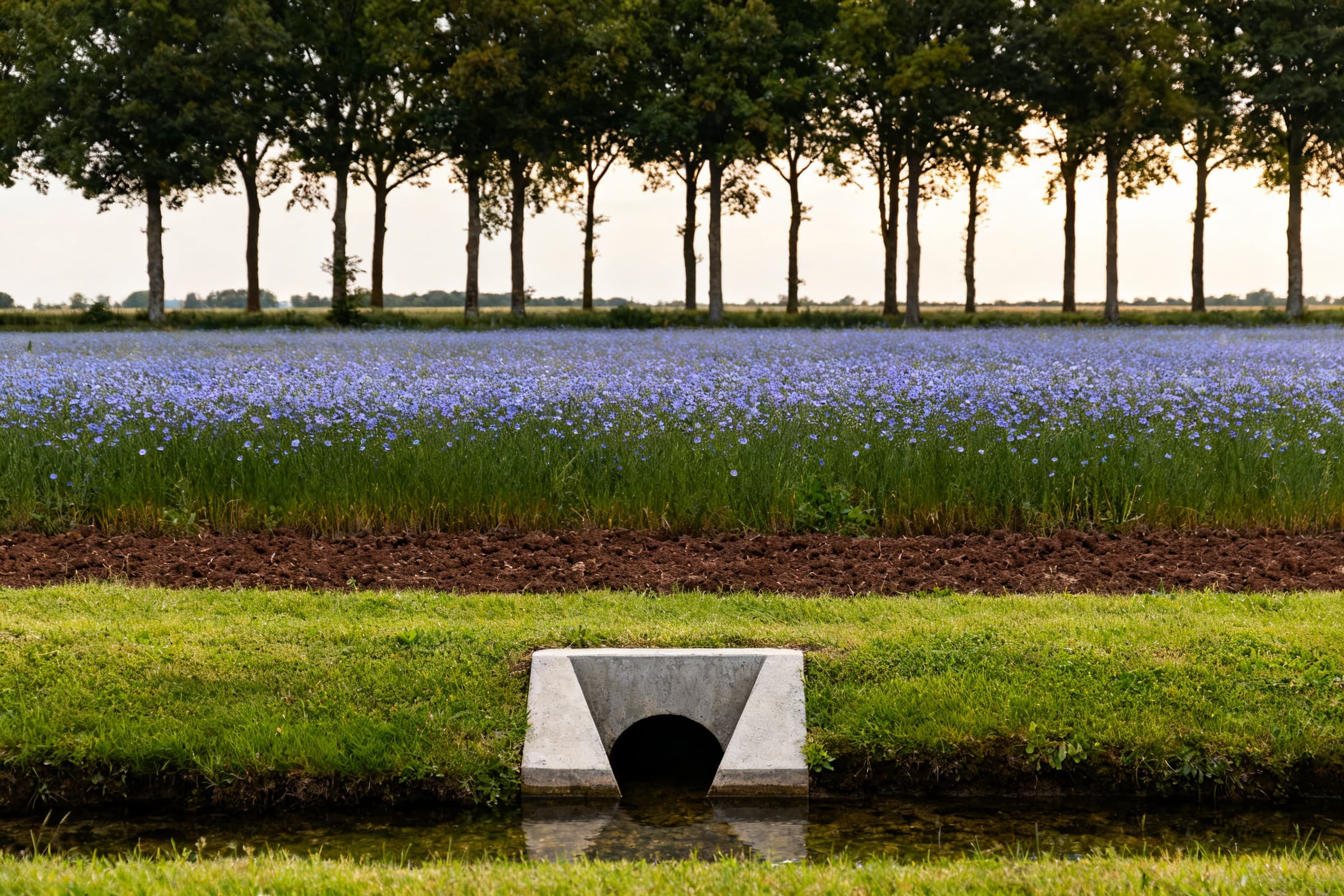 Champ de lin en fleur bordé d'un fossé propre et d'un exutoire neuf près de Doudeville