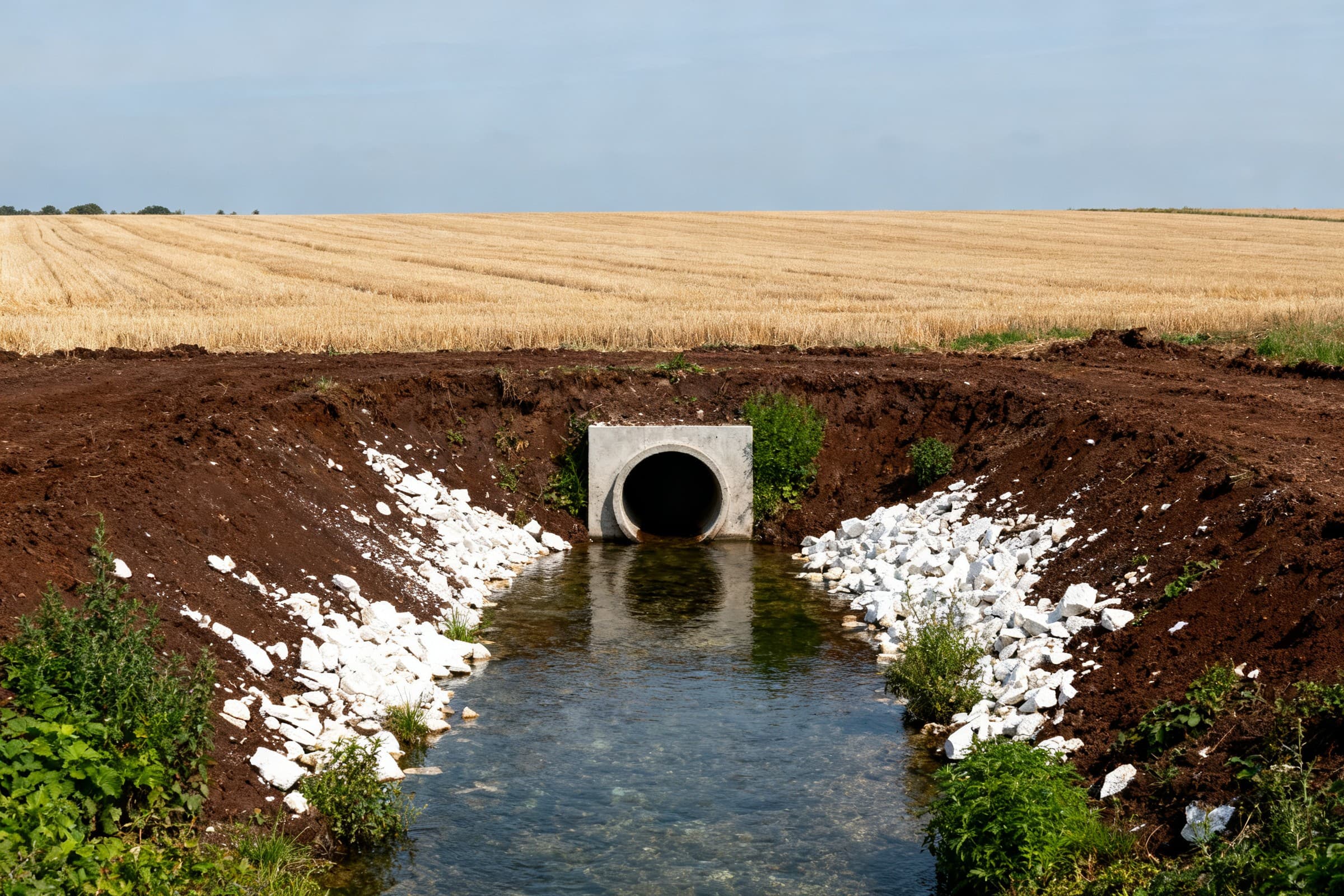 Fossé recalibré au pied d'une parcelle du plateau crayeux d'Étrépagny, exutoire en béton neuf