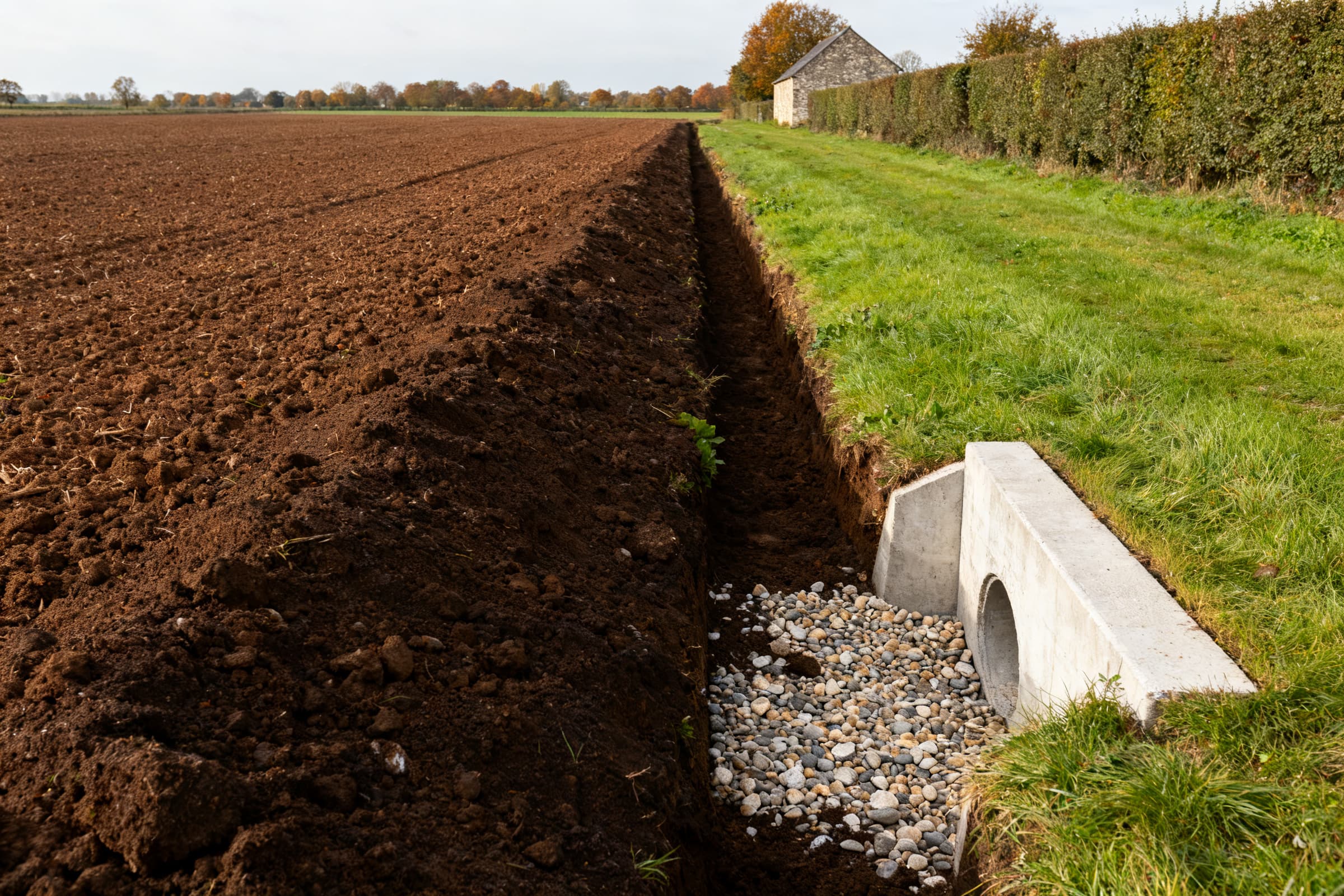 Tranchée de drainage ouverte dans un sol argileux du plateau du Neubourg, dans l'Eure