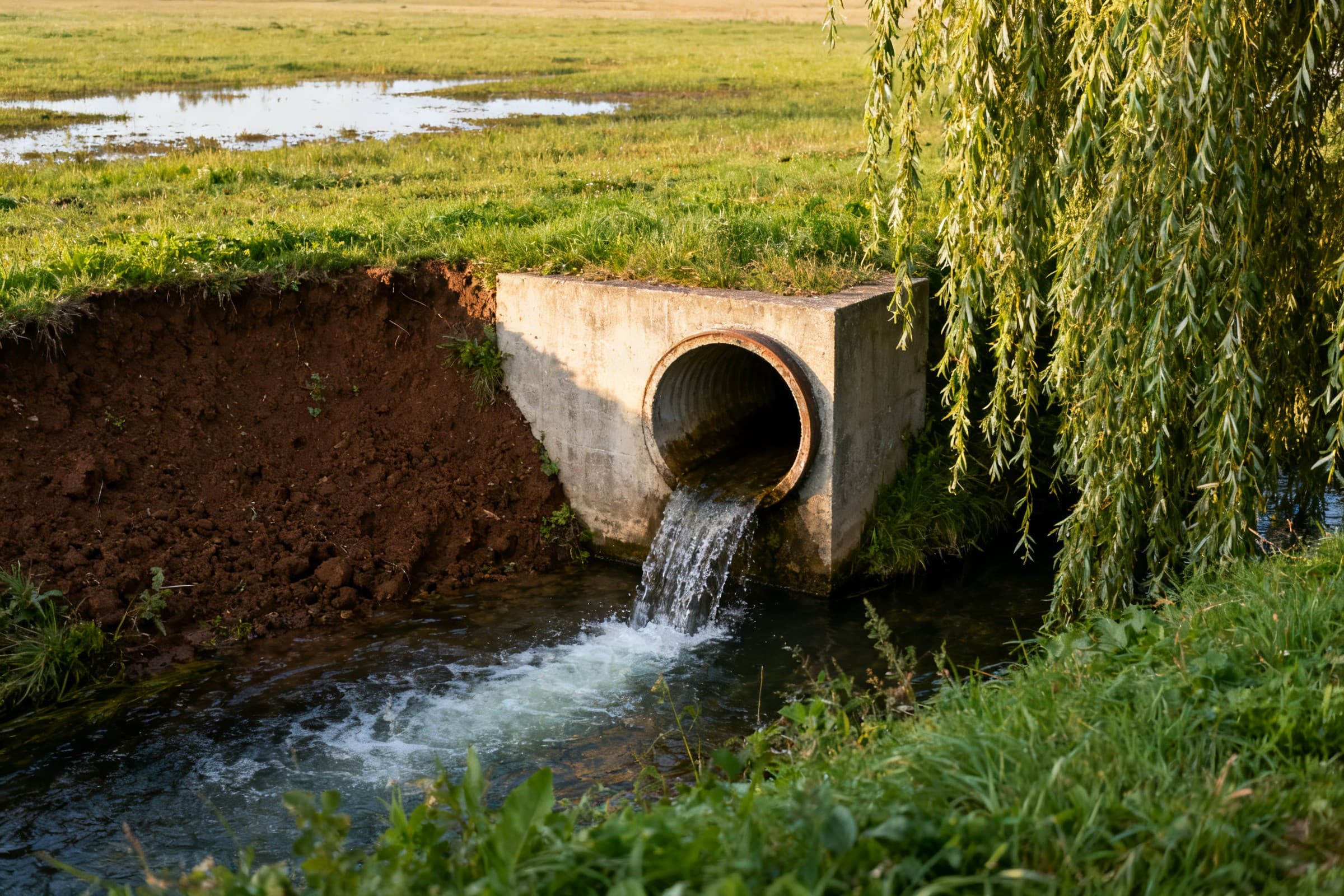 Exutoire de drainage en béton rejetant une eau claire dans un fossé de la vallée de l'Iton
