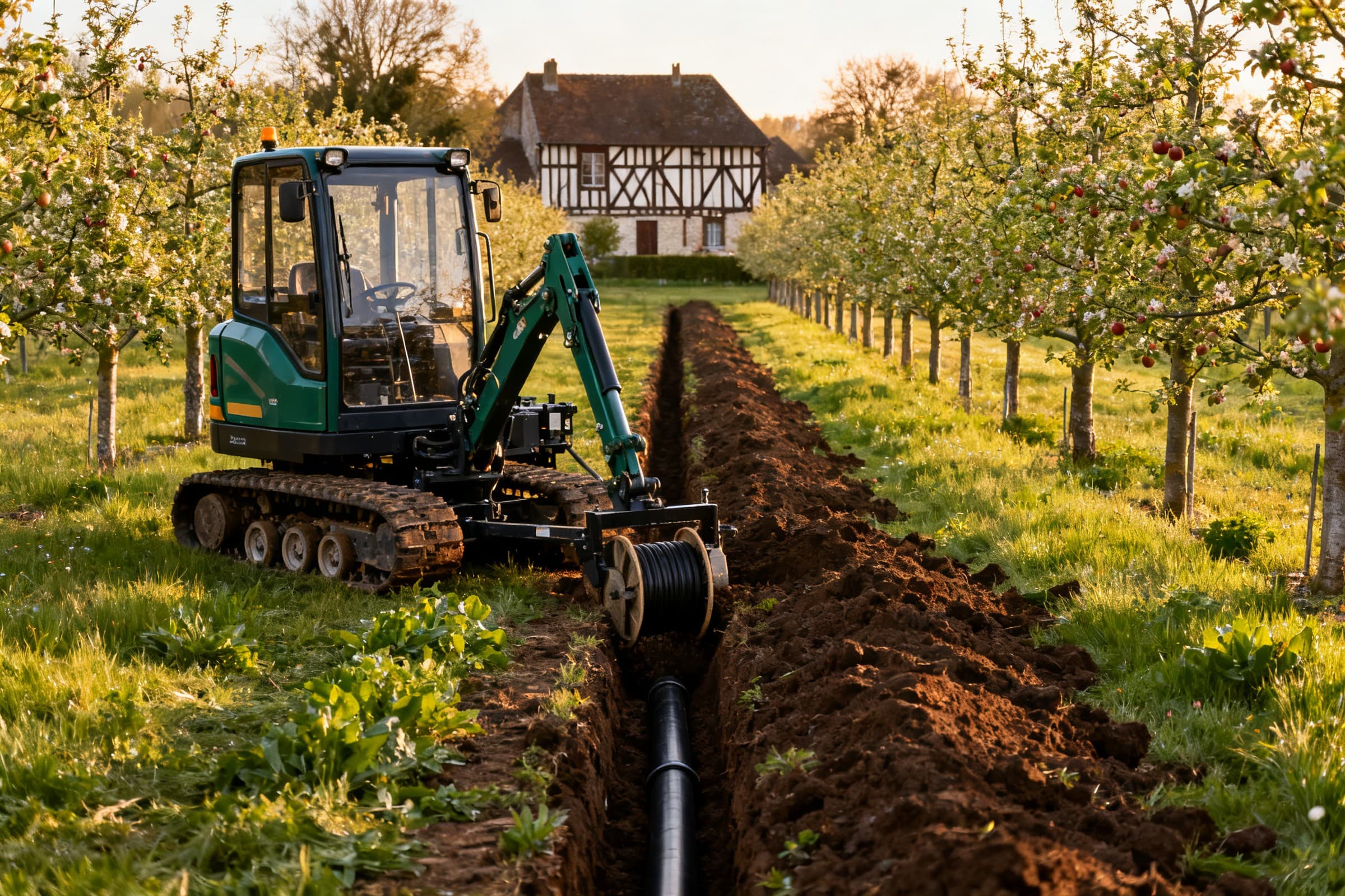 Trancheuse posant un drain entre les rangs de pommiers d'une prairie du pays d'Auge