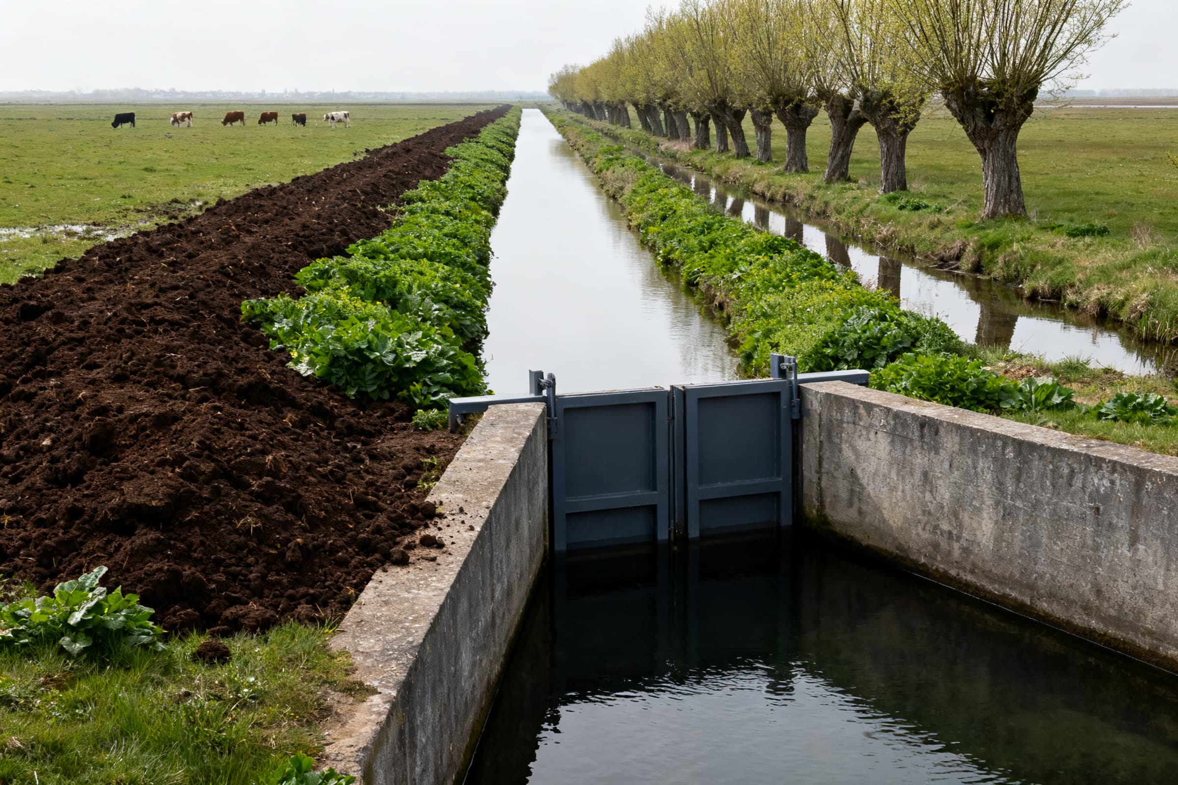 Fossé bordé de saules dans les marais du Cotentin, dans la Manche