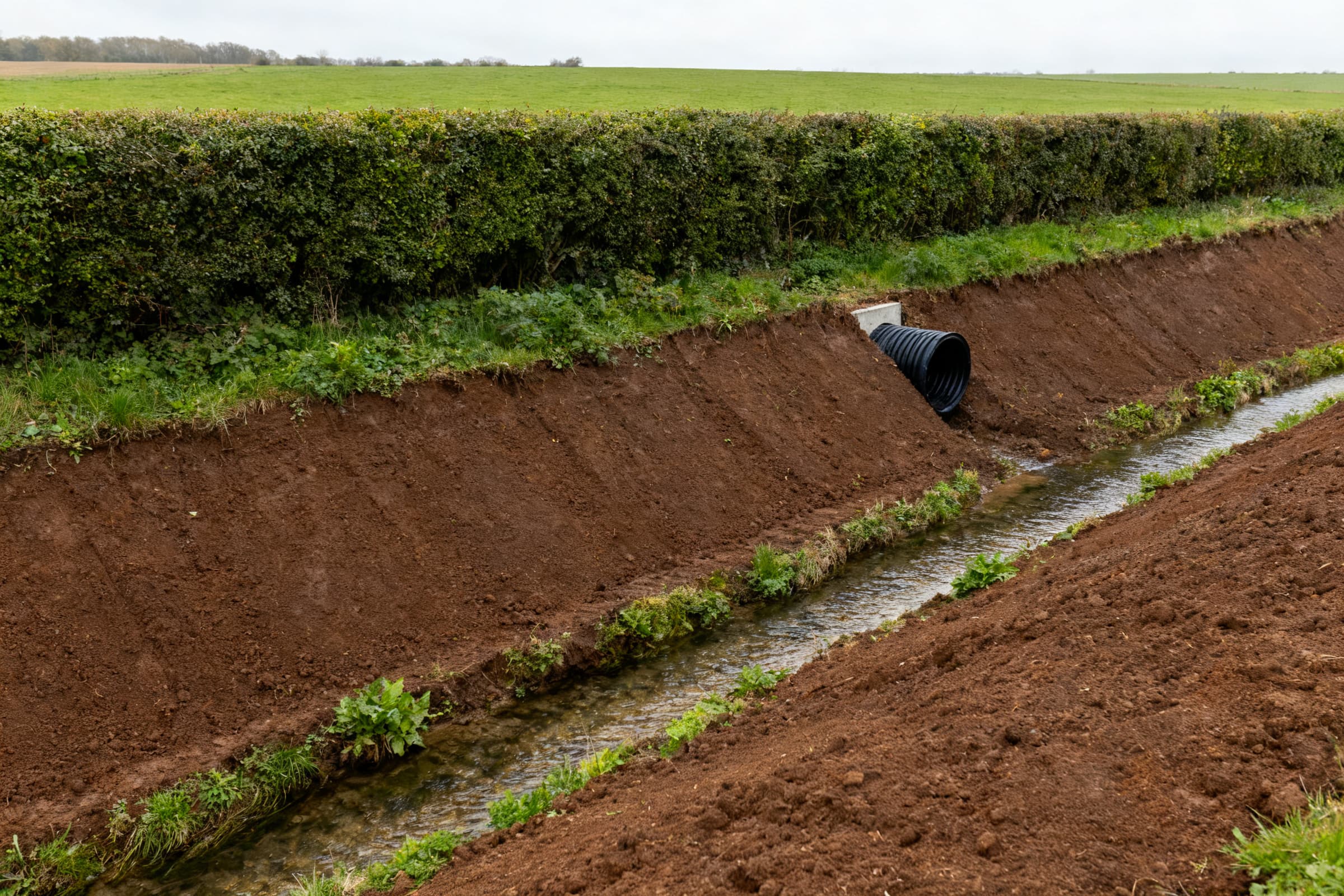 Drain posé en bordure d'une haie bocagère près de Saint-Lô