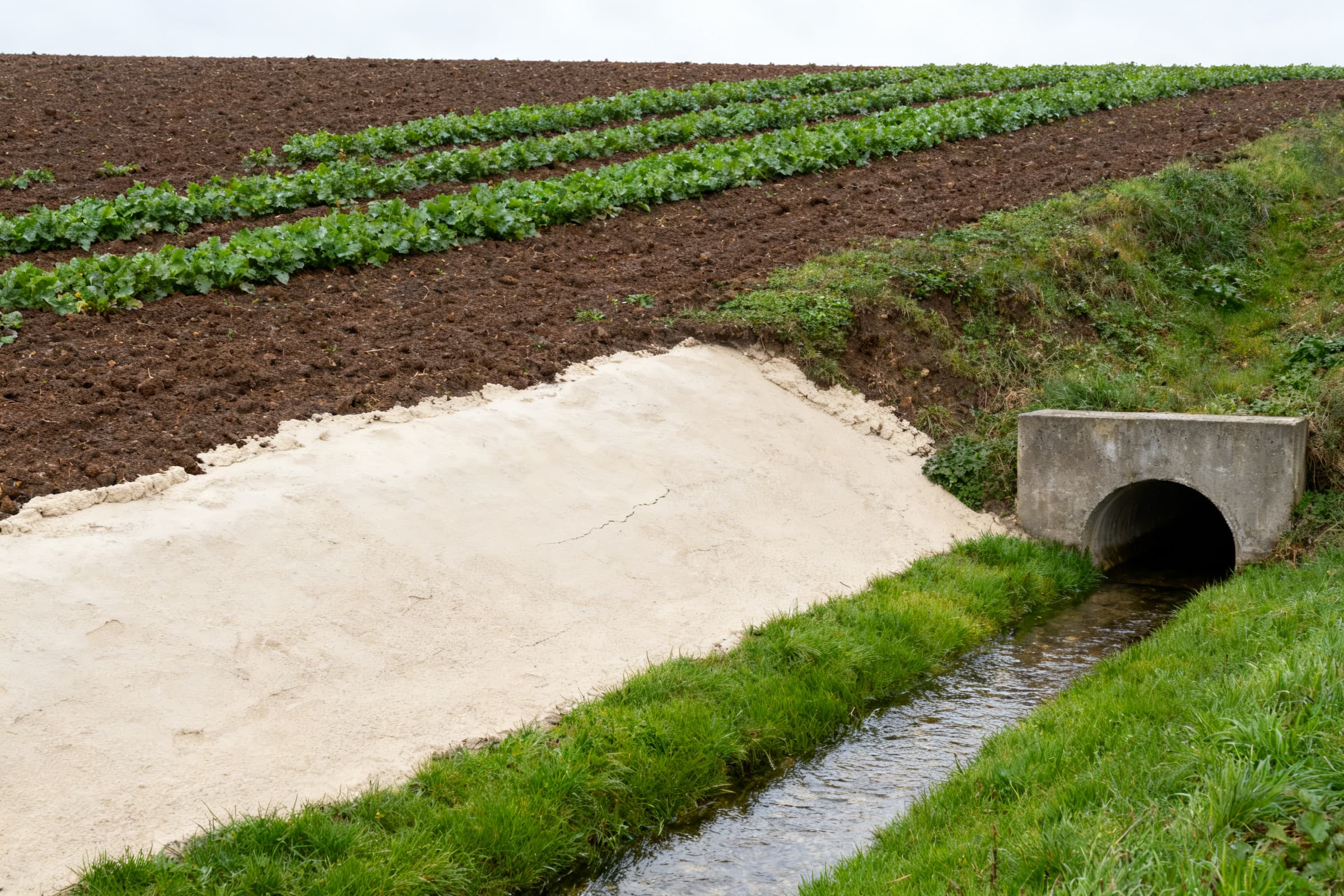 Fossé d'écoulement de surface entre deux parcelles de limon, plateau du pays de Caux