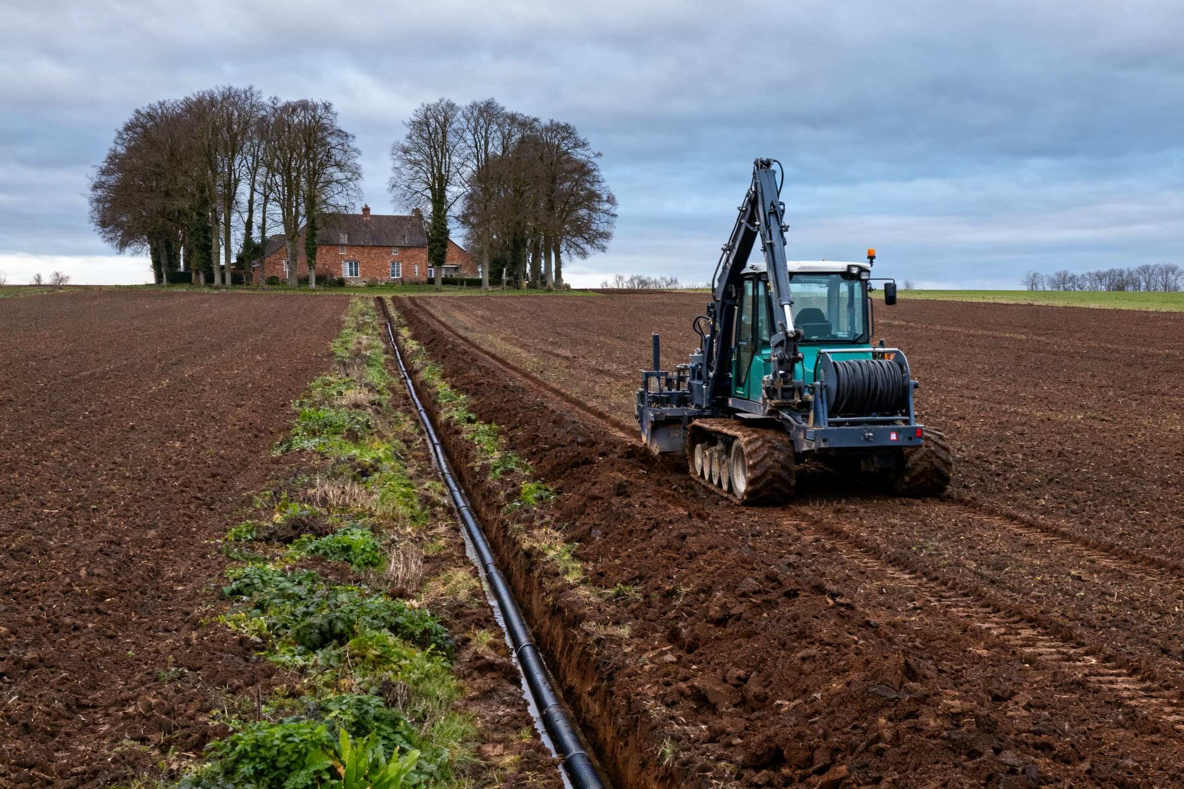 Engin à chenilles muni d'un bras et d'une bobine de drain annelé, à côté d'une tranchée ouverte où le drain noir est déjà couché, ferme en brique entourée de grands arbres au fond