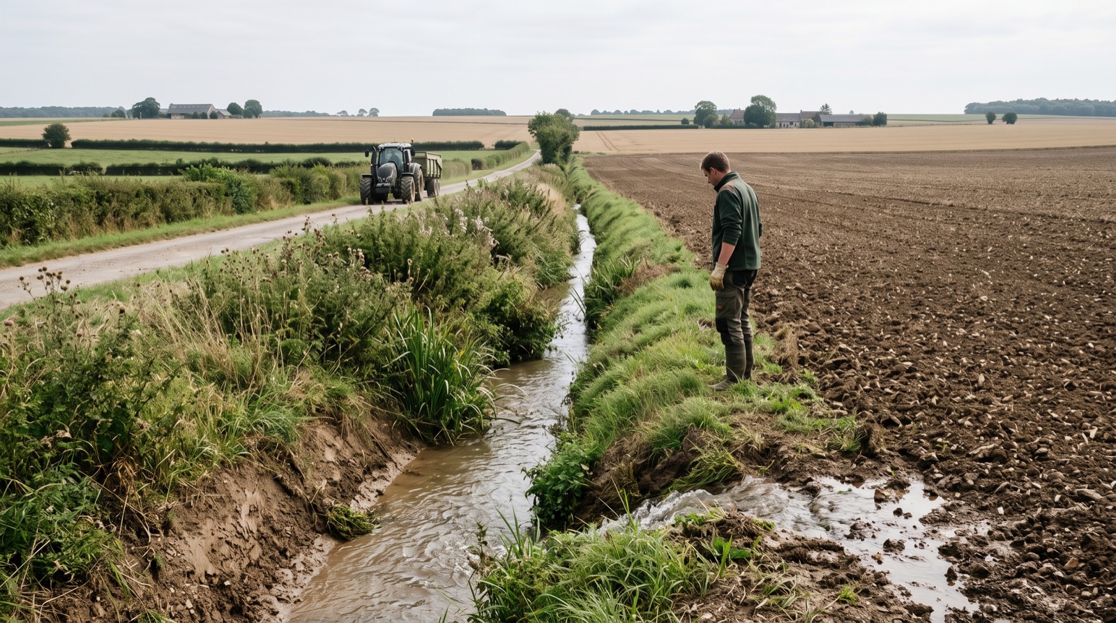 Écoulement d'eau de surface en bordure d'une parcelle limoneuse du pays de Caux