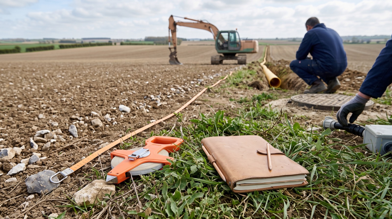 Relevé de terrain et carnet de notes posés sur une parcelle avant étude de drainage