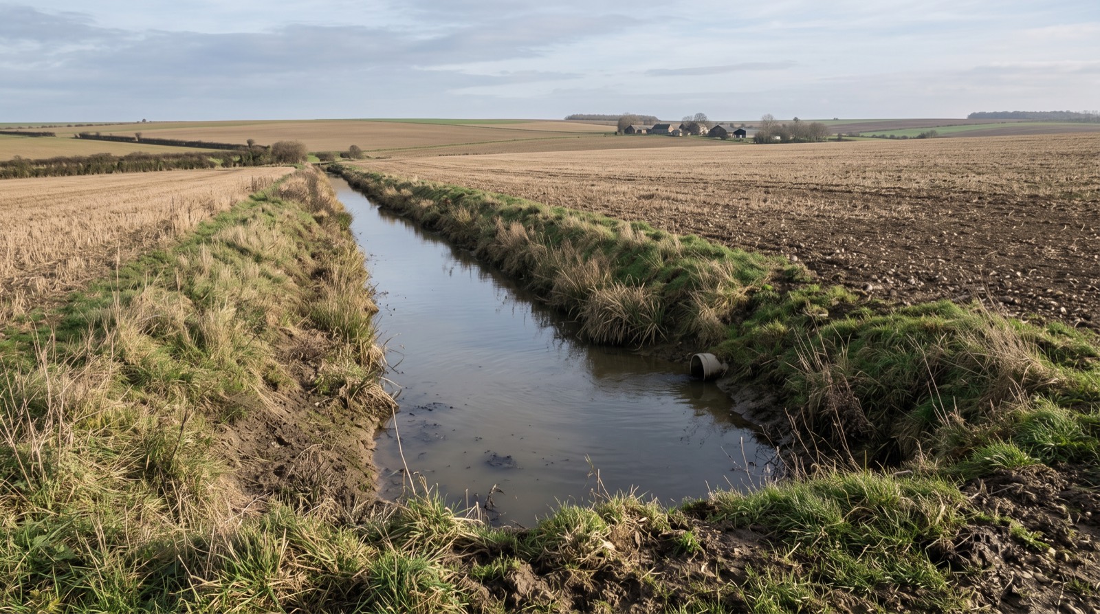 Fossé receveur en aval d'un exutoire agricole, avant curage