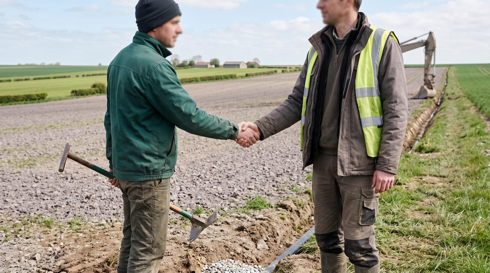 Poignée de main entre deux personnes devant une parcelle agricole