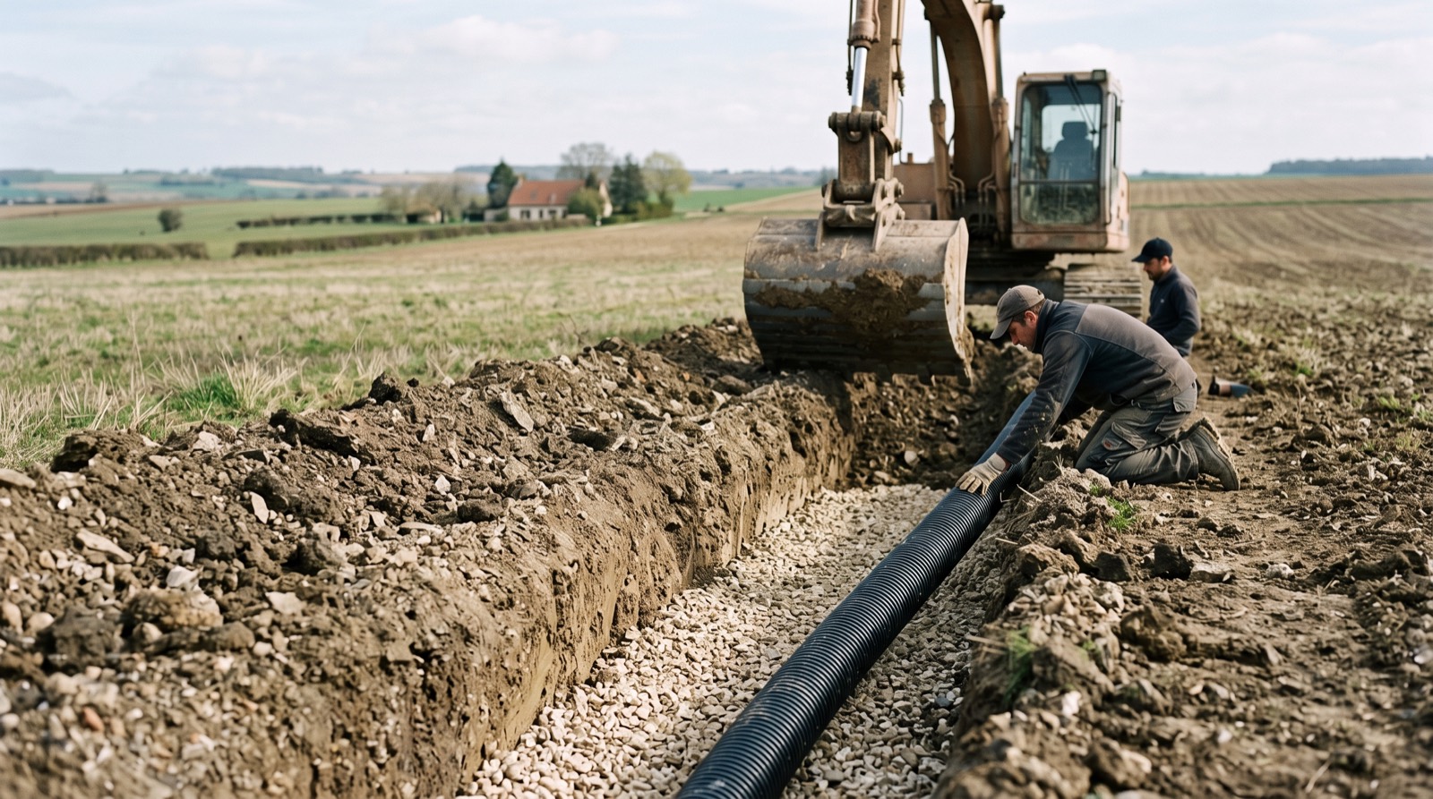 Tranchée de drainage en cours de pose sur une parcelle de grande culture