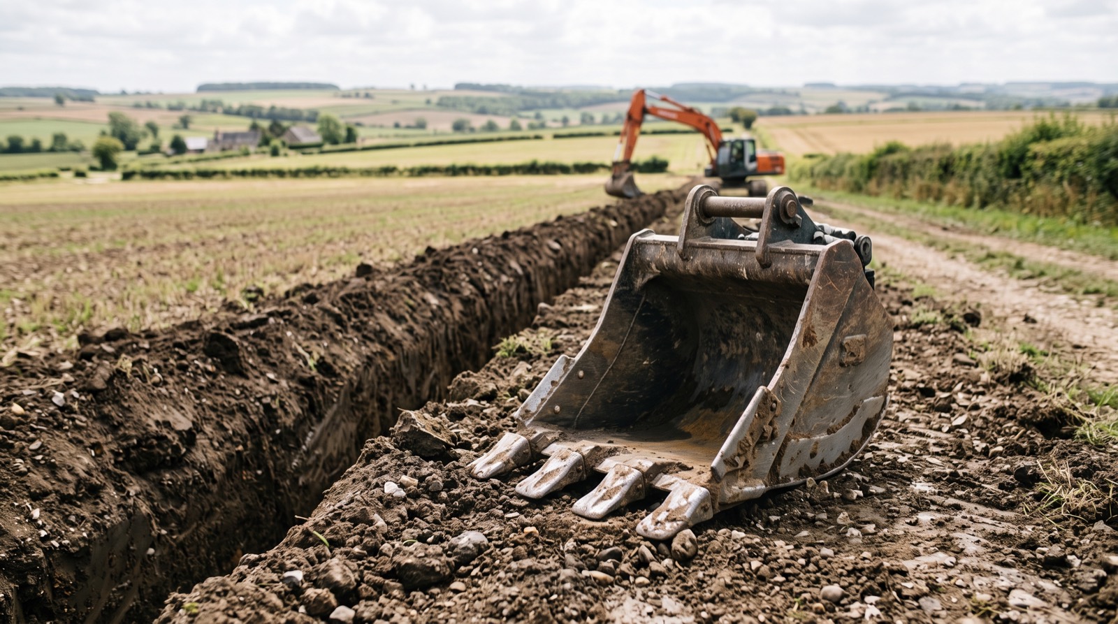 Godet de terrassement dédié au drainage, vue rapprochée sur un chantier agricole